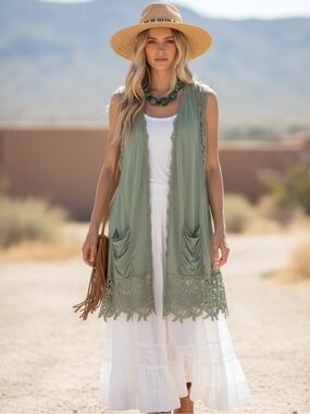 Origami S/M Sleeveless Sage Green Lace-Trim Vest